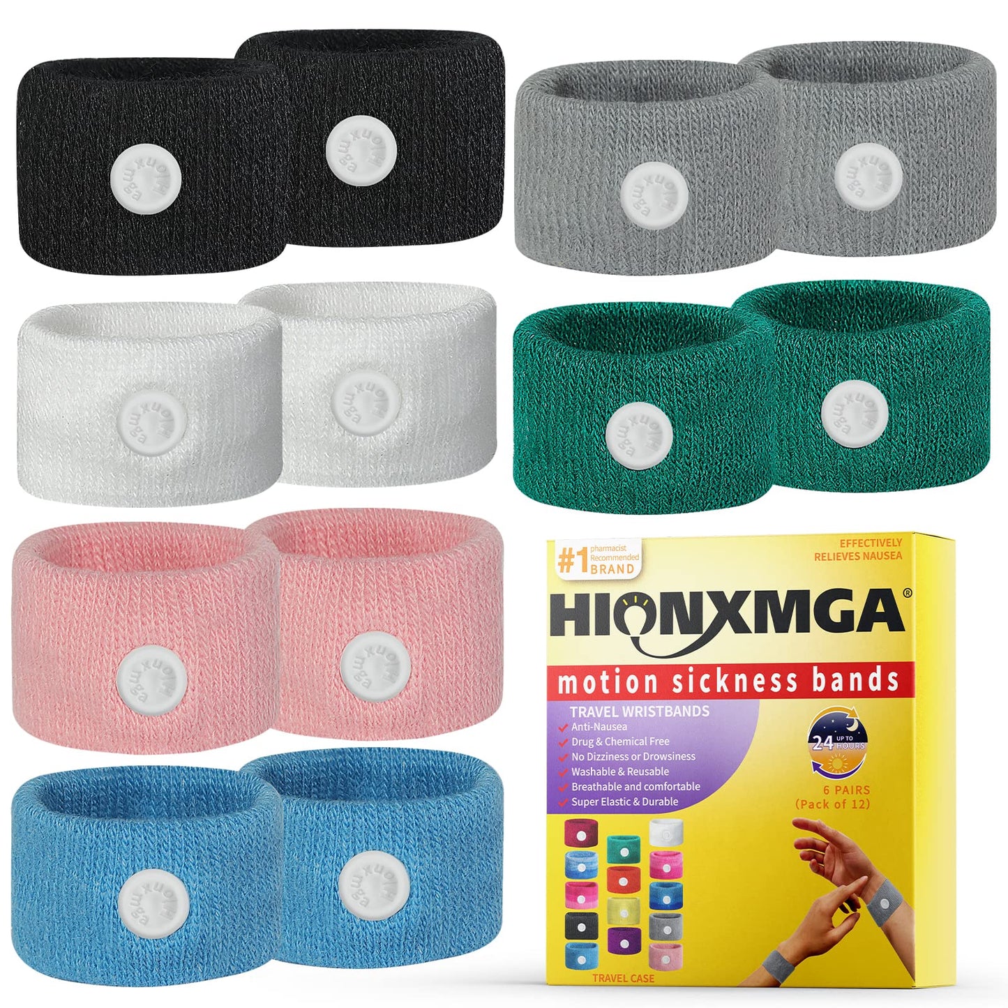 HIONXMGA 6 Pairs Motion Sickness Bands – Natural Acupressure Nausea Relief for Car, Cruise & Flight Travel (Adults & Kids)