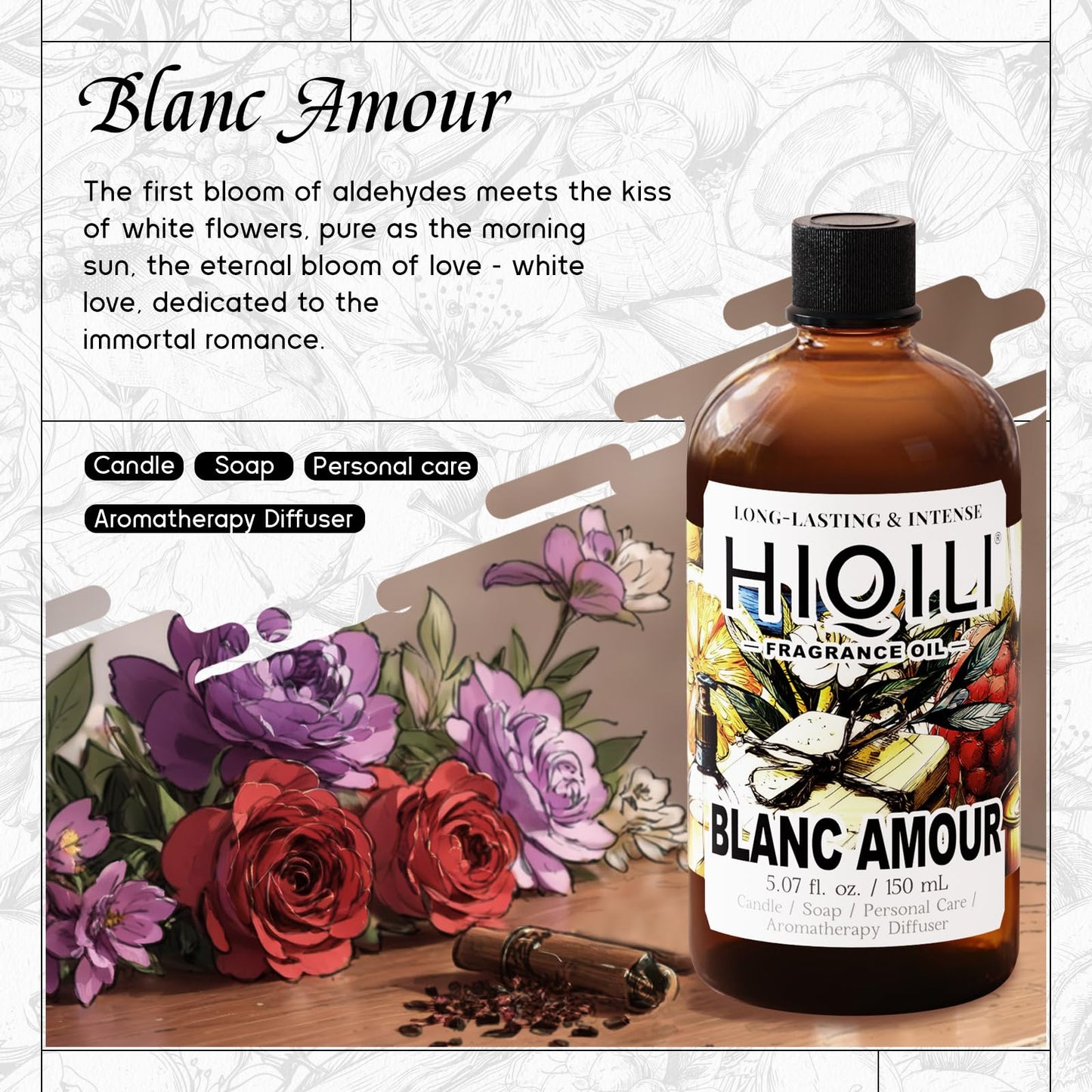 HIQILI Blanc Amour Fragrance Oil – Floral Scent for Candle, Soap & Perfume Making (5.07 fl oz)