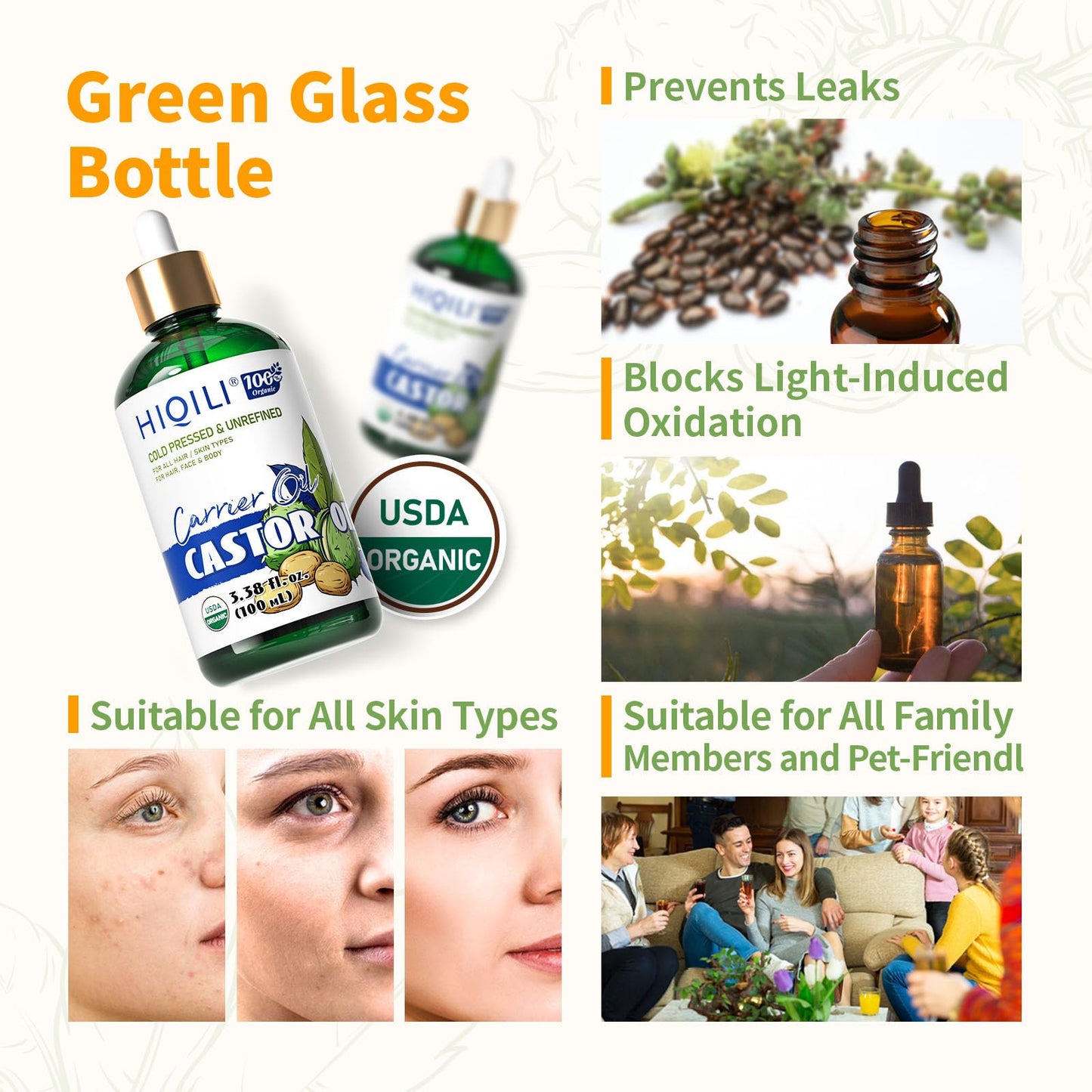 HIQILI Castor Oil Organic Cold Pressed - Hexane Free, USDA Organic, 3.38 Fl Oz Glass Bottle