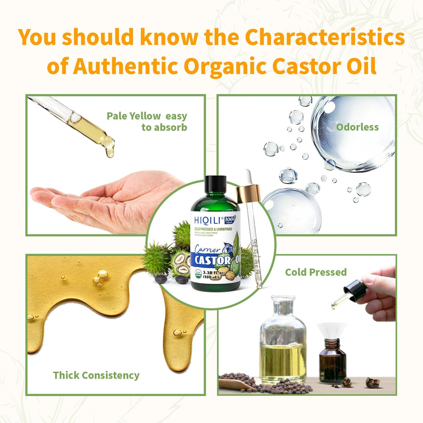 HIQILI Castor Oil Organic Cold Pressed - Hexane Free, USDA Organic, 3.38 Fl Oz Glass Bottle