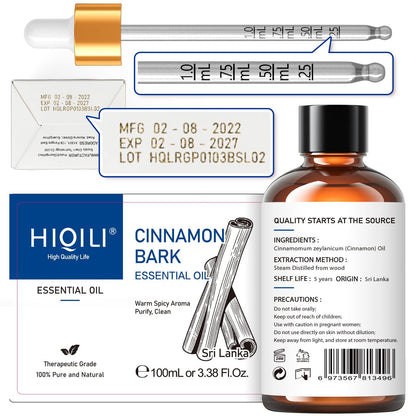 HIQILI Cinnamon Essential Oil - 100% Pure & Natural, 3.38 fl oz for Spray, Diffuser, Kitchen & Garden