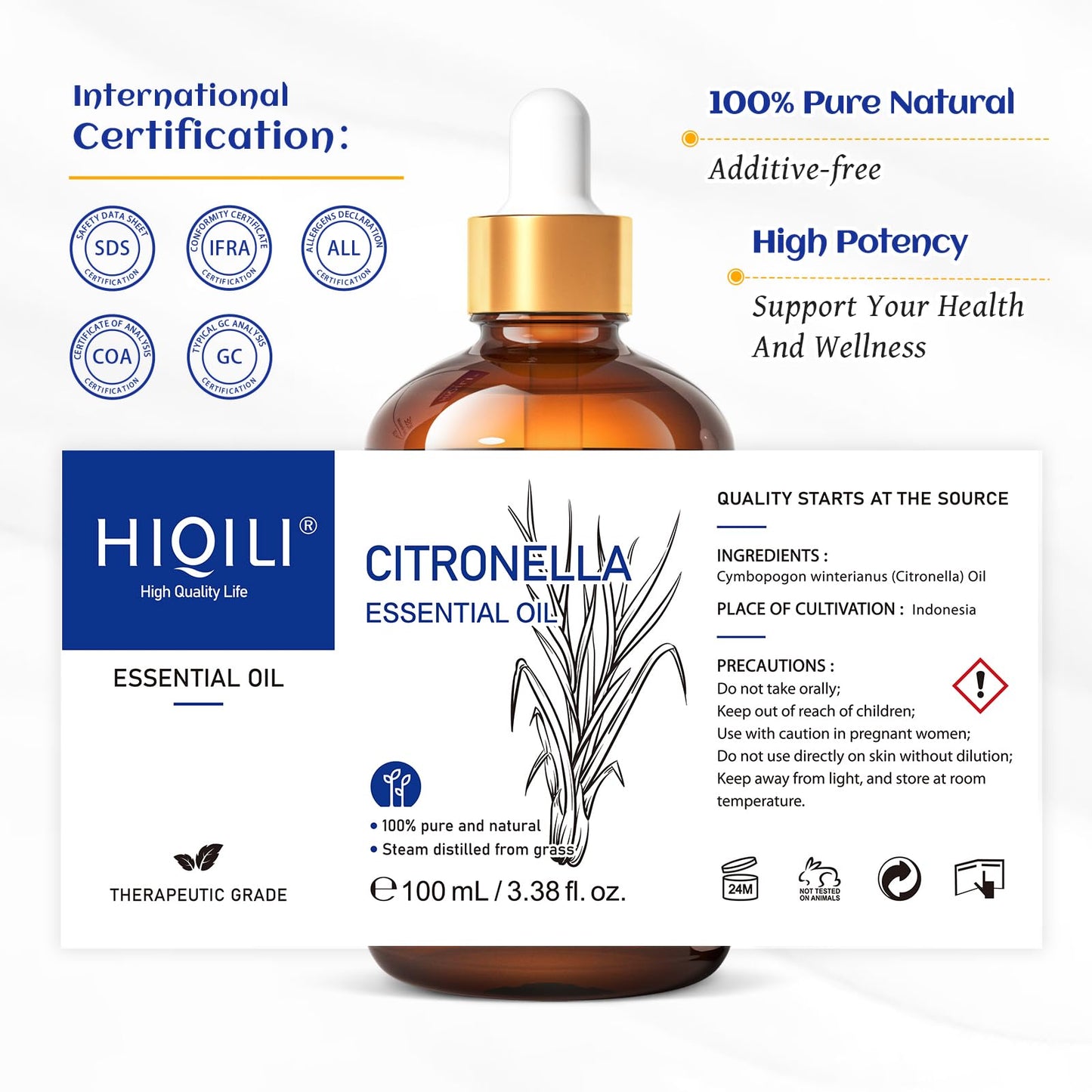 HIQILI 100ML Citronella Essential Oil – Pure & Natural for Diffusers, DIY Sprays
