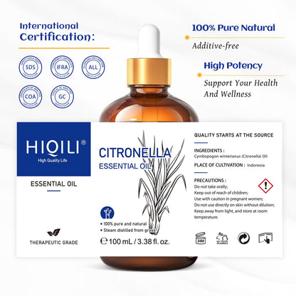 HIQILI 100ML Citronella Essential Oil – Pure & Natural for Diffusers, DIY Sprays