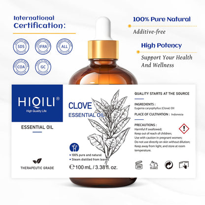 HIQILI 100ML Clove Oil for Teeth & Gums - 100% Pure Essential Oil, 3.38 Fl oz