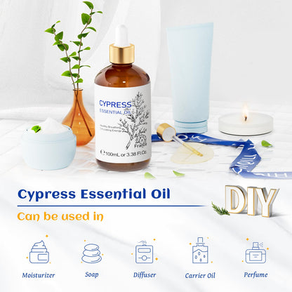 HIQILI Cypress Essential Oil - 100ml Pure Cypress for Diffuser & Skin Care (Includes 10ml Travel Bottle)