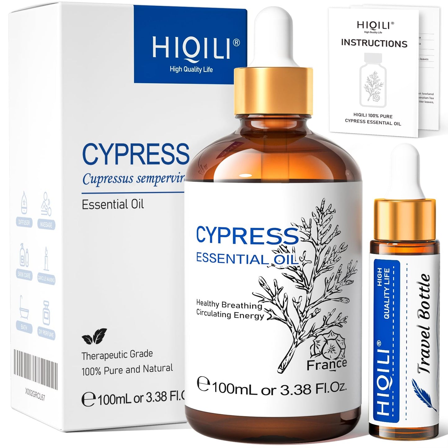 HIQILI Cypress Essential Oil - 100ml Pure Cypress for Diffuser & Skin Care (Includes 10ml Travel Bottle)