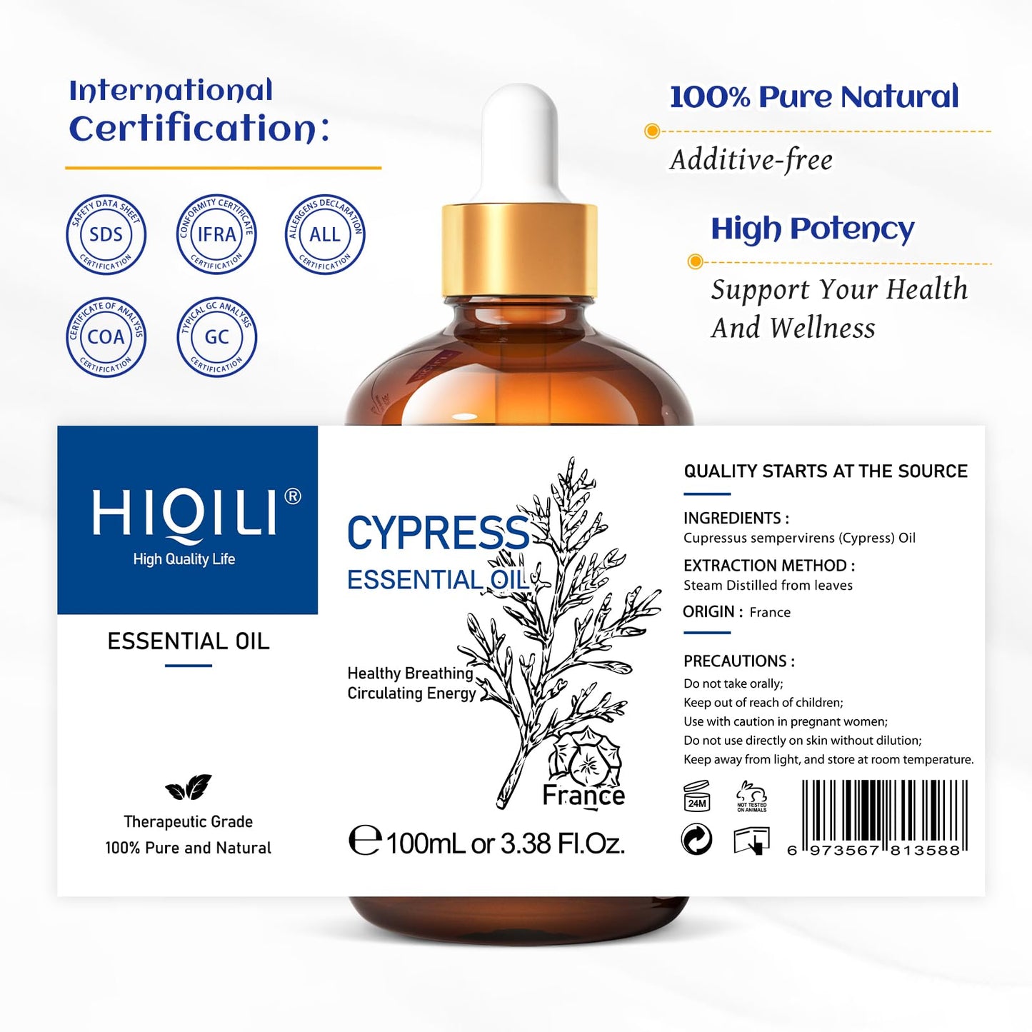 HIQILI Cypress Essential Oil - 100ml Pure Cypress for Diffuser & Skin Care (Includes 10ml Travel Bottle)