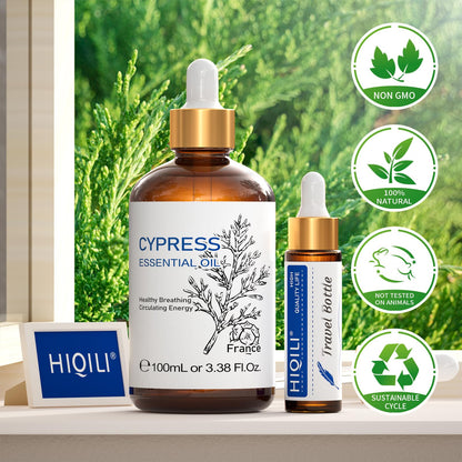 HIQILI Cypress Essential Oil - 100ml Pure Cypress for Diffuser & Skin Care (Includes 10ml Travel Bottle)