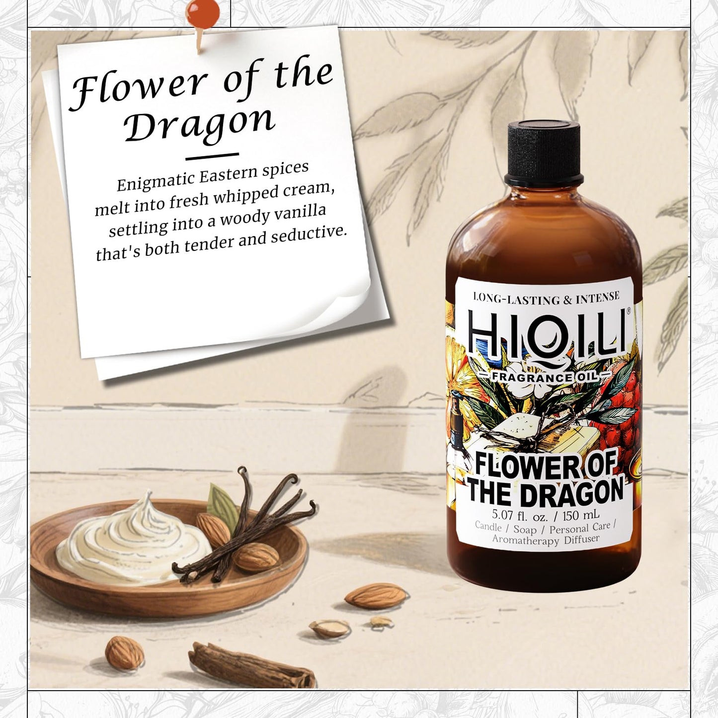 HIQILI Flower of The Dragon Fragrance Oil for Diffuser – Vanilla Cream Scent, 5.07 Fl Oz | Inspired by Td.Orient Fiore-deDrago