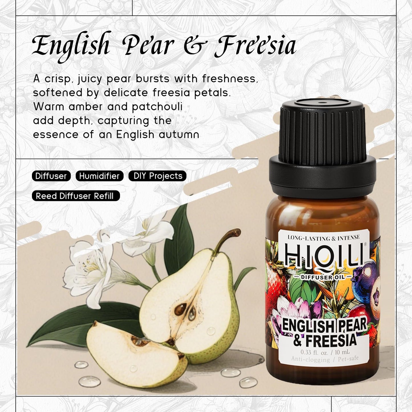 HIQILI English Pear & Freesia Diffuser Oil – Long-Lasting Refills 0.34 fl oz