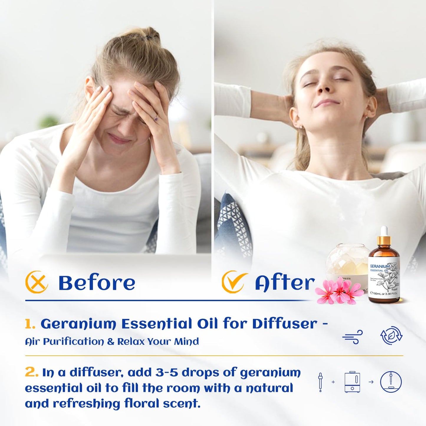 HIQILI 100ML Geranium Essential Oil – Pure & Natural for Skin, Diffuser & Candle | 3.38 Fl Oz