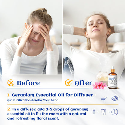 HIQILI 100ML Geranium Essential Oil – Pure & Natural for Skin, Diffuser & Candle | 3.38 Fl Oz