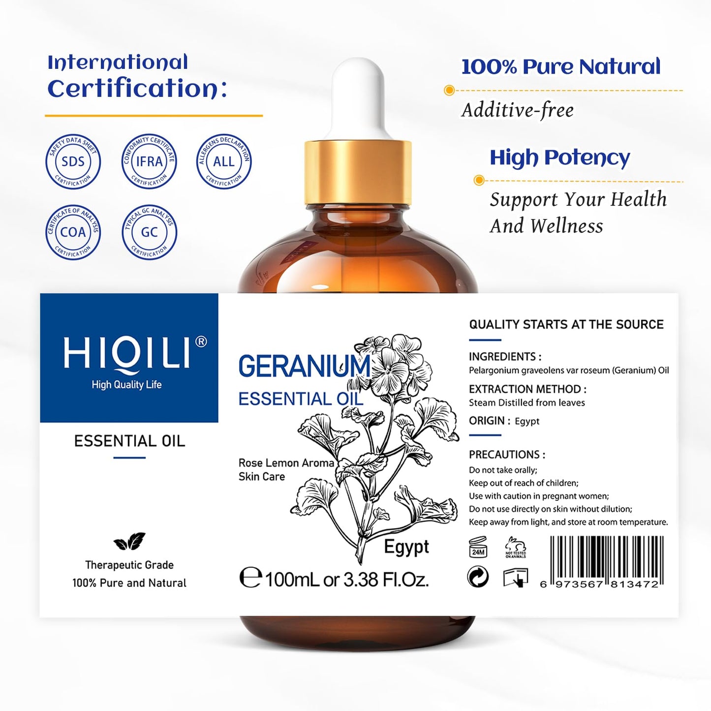 HIQILI 100ML Geranium Essential Oil – Pure & Natural for Skin, Diffuser & Candle | 3.38 Fl Oz