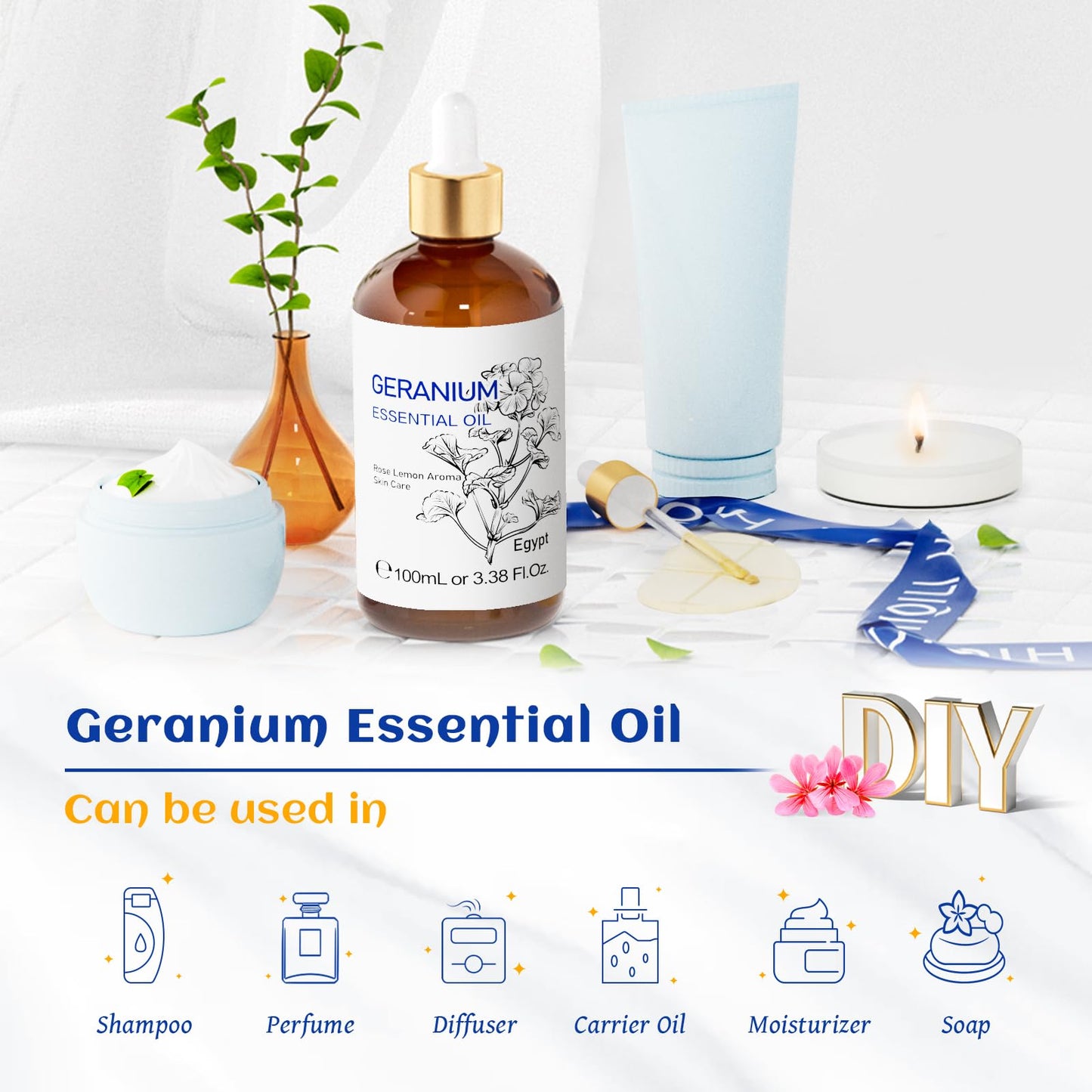 HIQILI 100ML Geranium Essential Oil – Pure & Natural for Skin, Diffuser & Candle | 3.38 Fl Oz