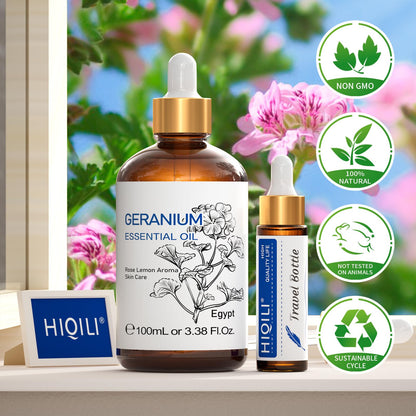 HIQILI 100ML Geranium Essential Oil – Pure & Natural for Skin, Diffuser & Candle | 3.38 Fl Oz