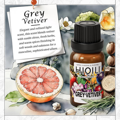 HIQILI Grey Vetiver Diffuser Oil – Fast Diffusion for Large Spaces, Pet-Safe, 0.34 Fl Oz