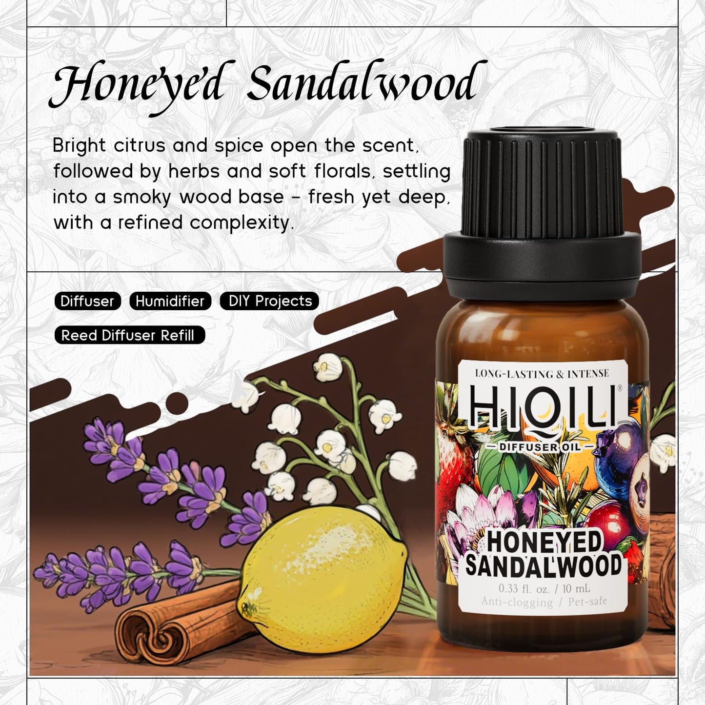HIQILI Honeyed Sandalwood Diffuser Oil for Car Air Fresheners – Ultrasonic or Reed Diffuser, Relaxing & Cozy Hotel Scent 0.34 Fl Oz