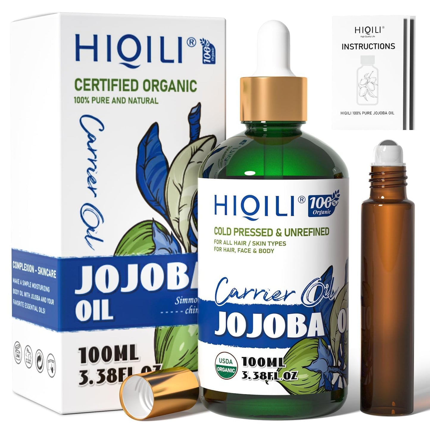HIQILI Organic Jojoba Oil 100ml – Hair Growth, Cold-Pressed & Unrefined with Roller Bottle