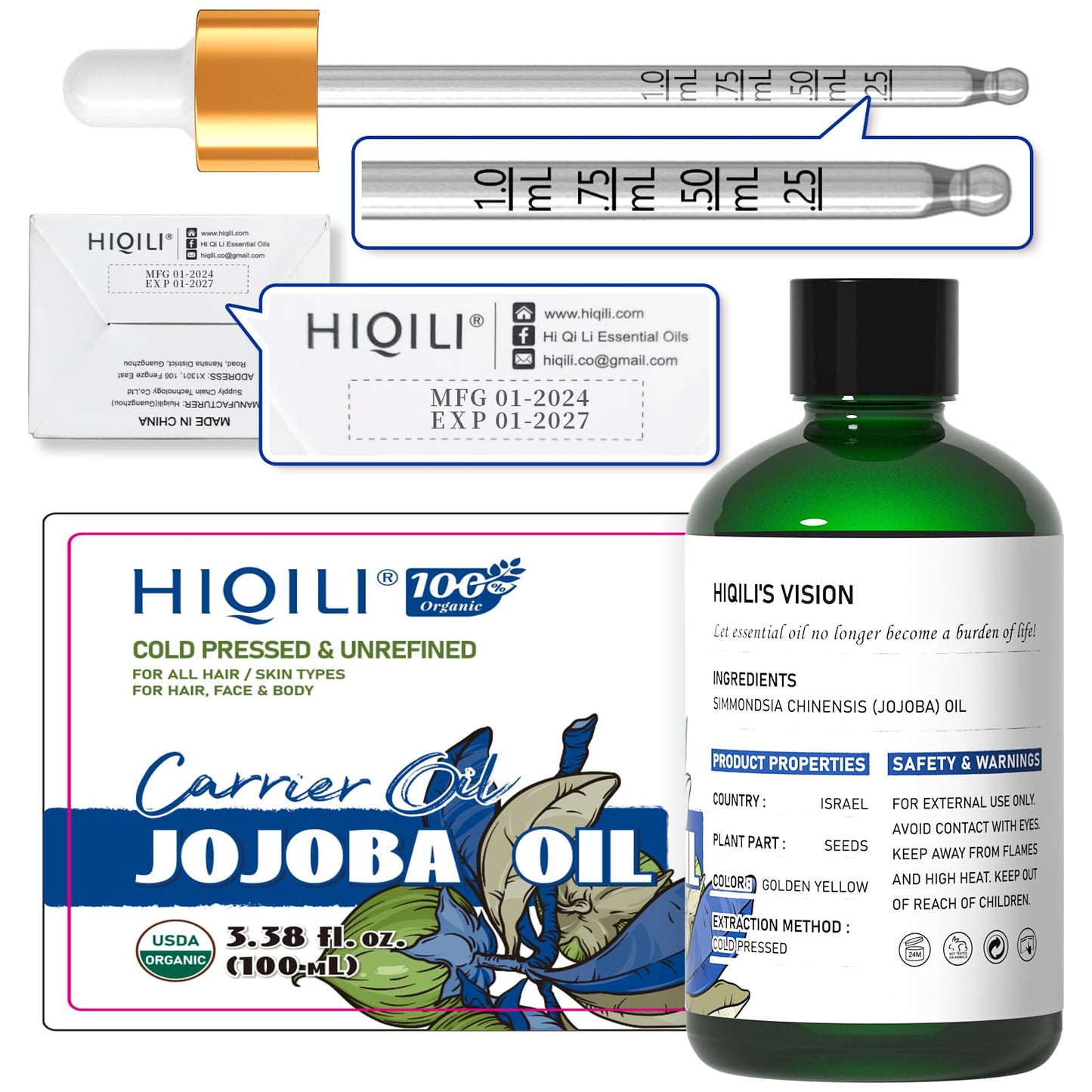 HIQILI Organic Jojoba Oil 100ml – Hair Growth, Cold-Pressed & Unrefined with Roller Bottle