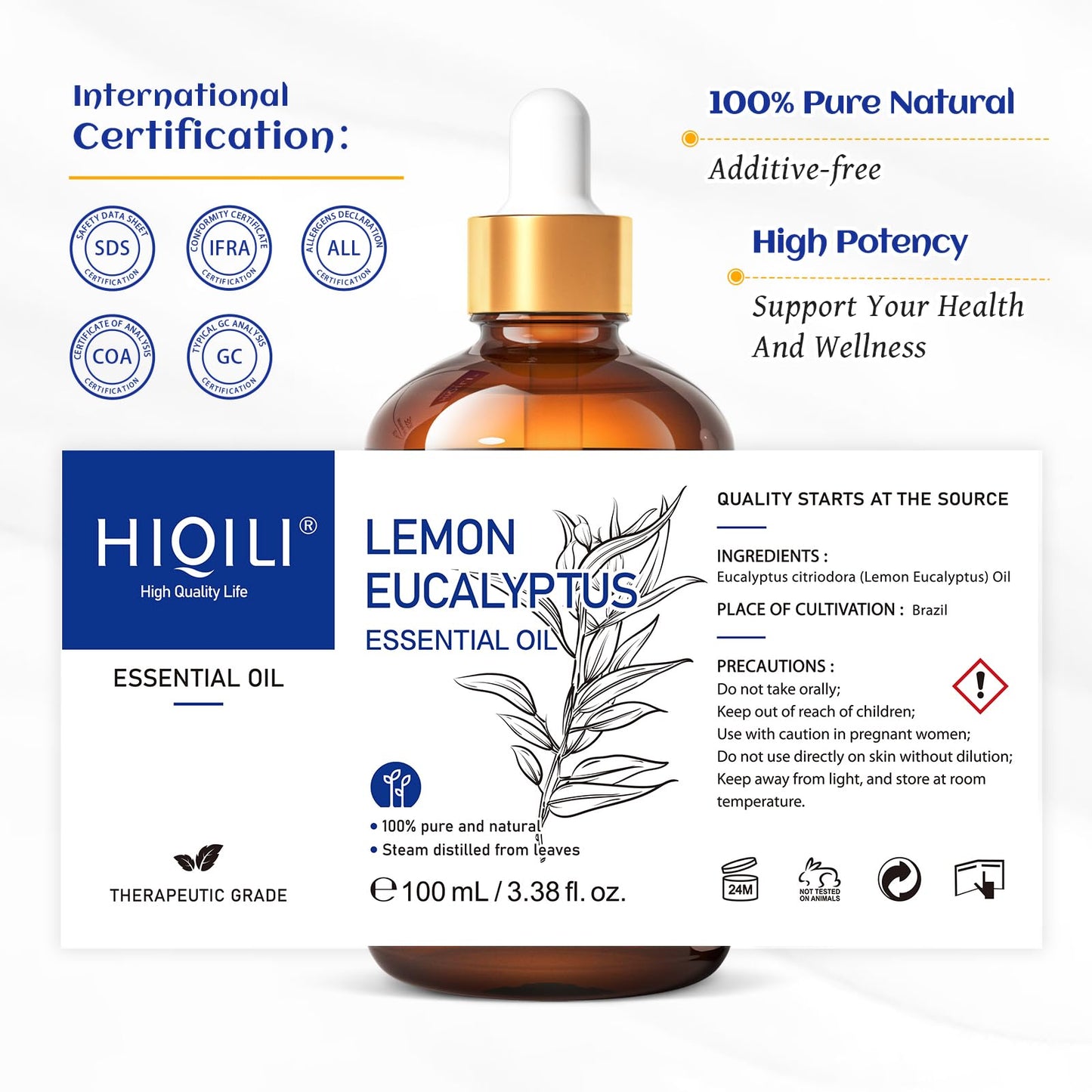 HIQILI Lemon Eucalyptus Oil - 100 ml (3.38 Fl Oz) Pure Essential Oil for Diffuser & Spray