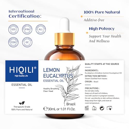 HIQILI Lemon Eucalyptus Oil – 100% Pure Essential Oil for Spray, Diffuser | 1.01 Fl Oz