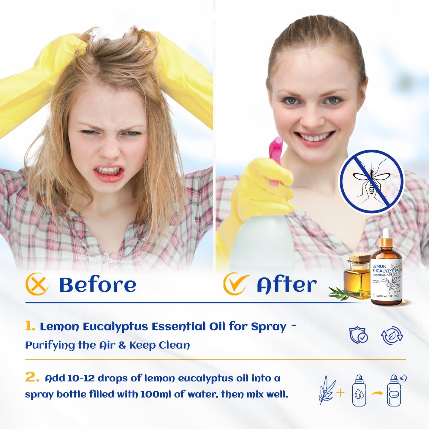 HIQILI Lemon Eucalyptus Oil - 100 ml (3.38 Fl Oz) Pure Essential Oil for Diffuser & Spray