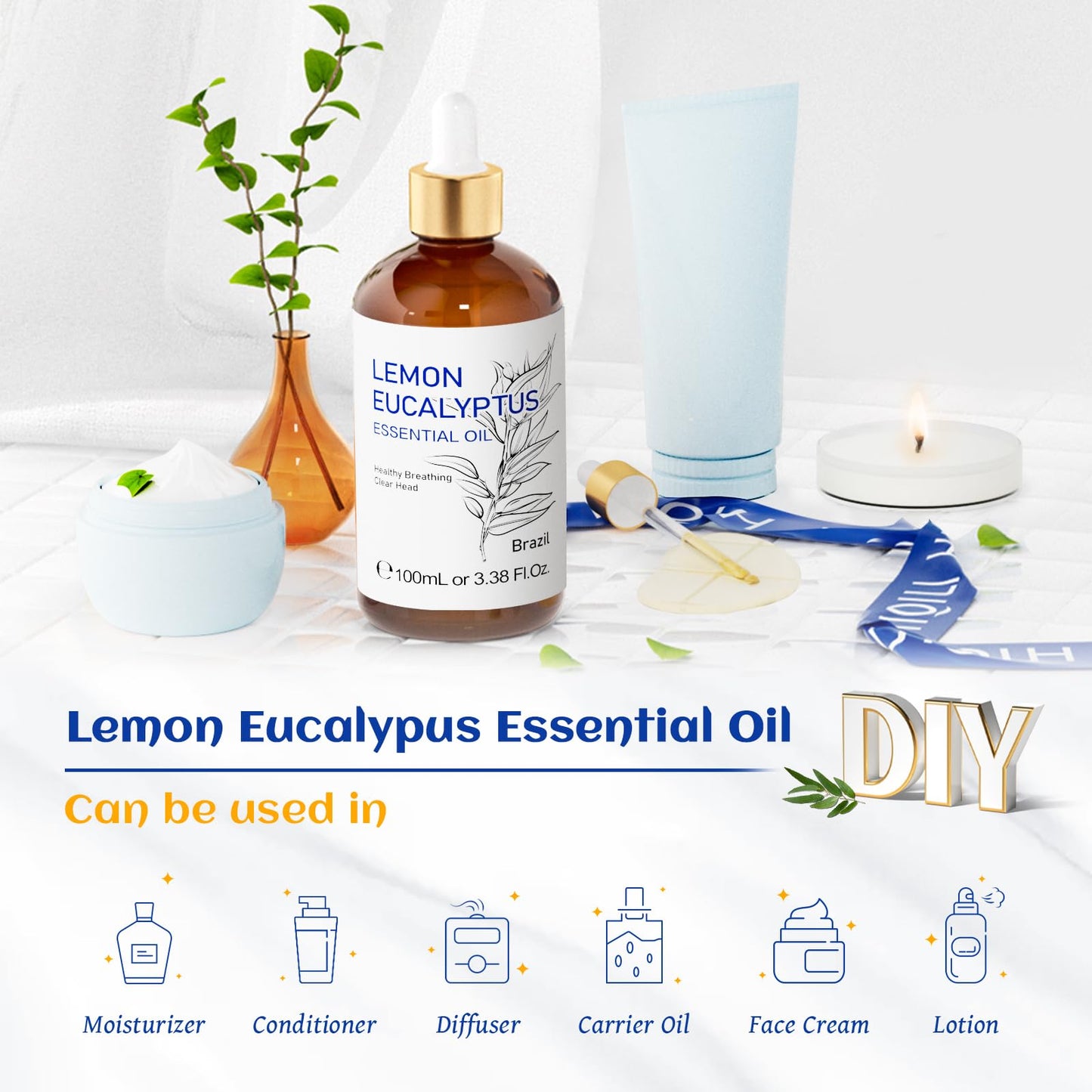 HIQILI Lemon Eucalyptus Oil - 100 ml (3.38 Fl Oz) Pure Essential Oil for Diffuser & Spray