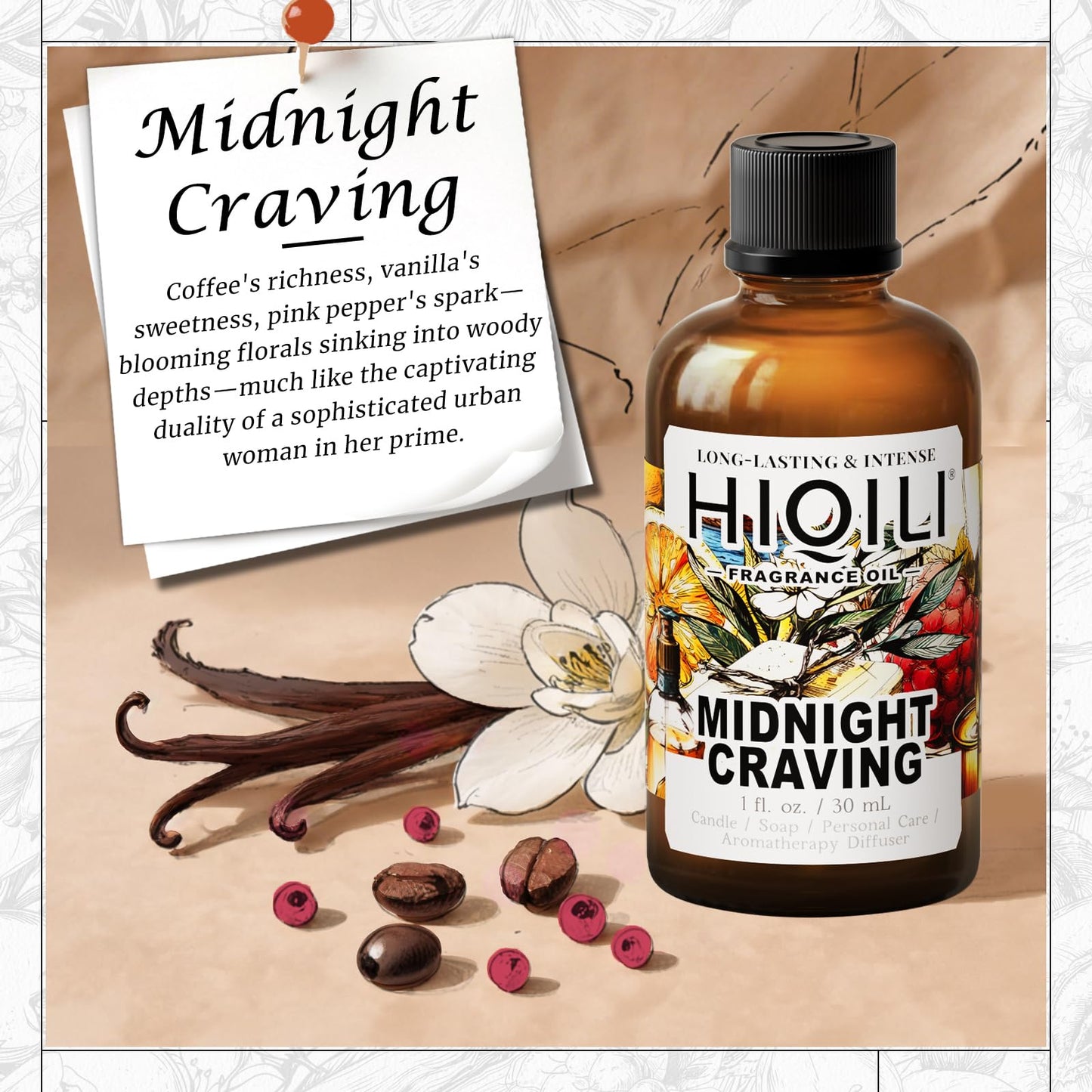HIQILI Midnight Craving Fragrance Oil – Inspired by Y S.L's B.Lack O.pium | Gourmand Vanilla Caramel Coffee Jasmine | 1 oz for Diffuser, Candle, Soap & Balm