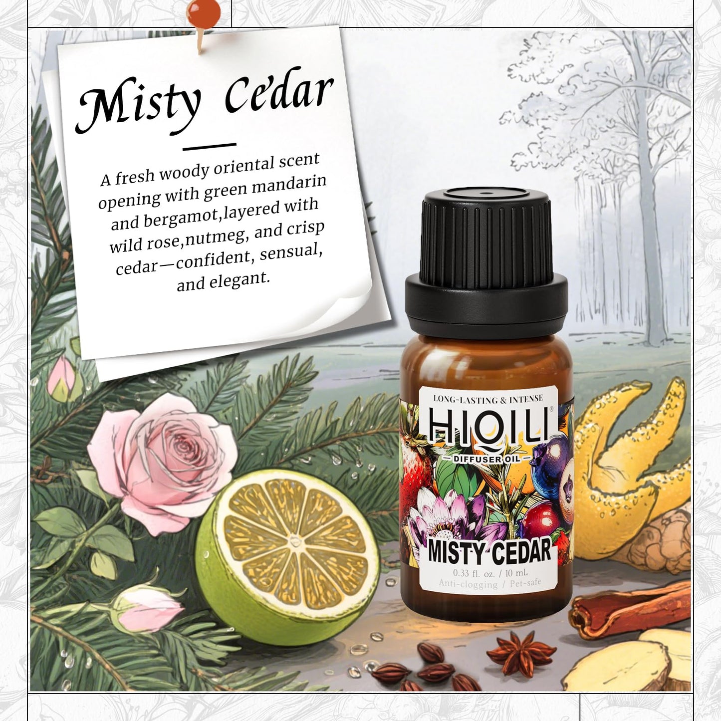 HIQILI Misty Cedar Diffuser Oil for Aromatherapy – Inspired by Bvrberry Bri.t for Him | Essential Oil Diffuser, 0.34 Fl Oz