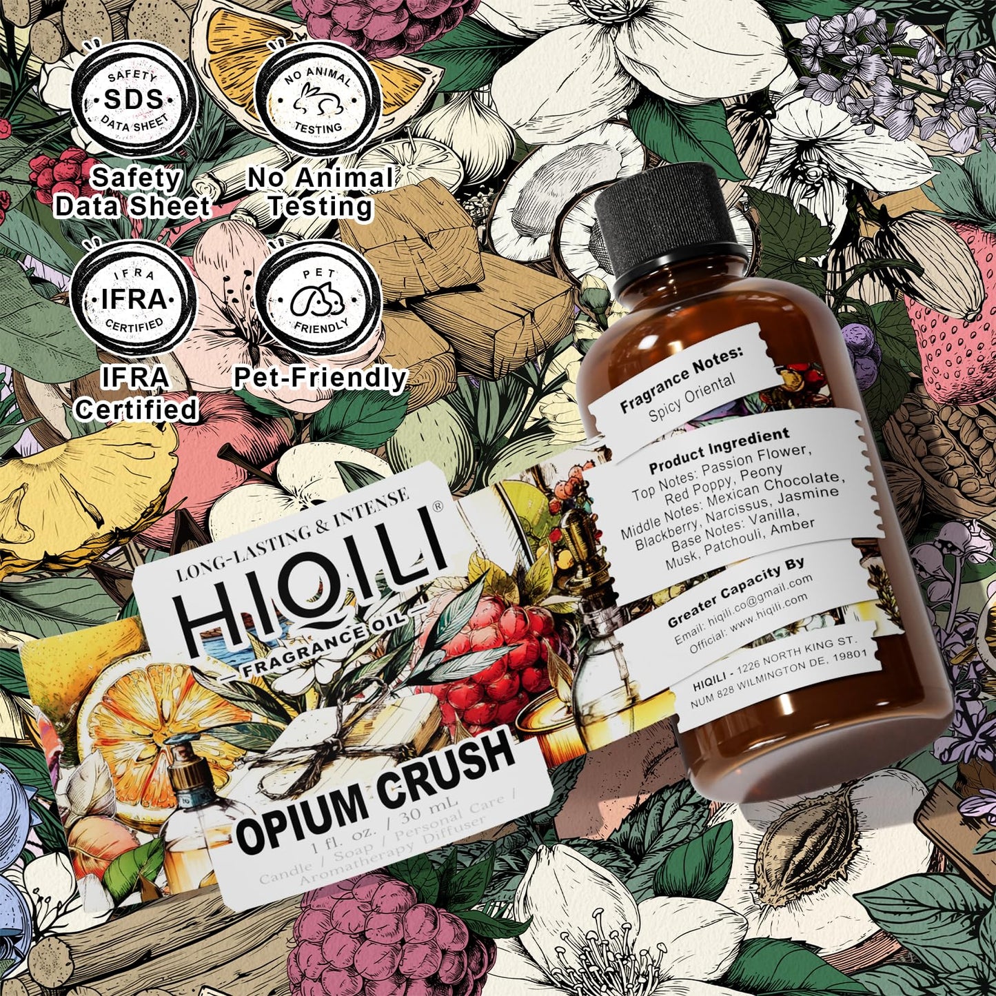 HIQILI Opium Crush Fragrance Oil – Vanilla & Chocolate Scent for Candle, Soap, Diffuser, Hair Care (1 Fl Oz)