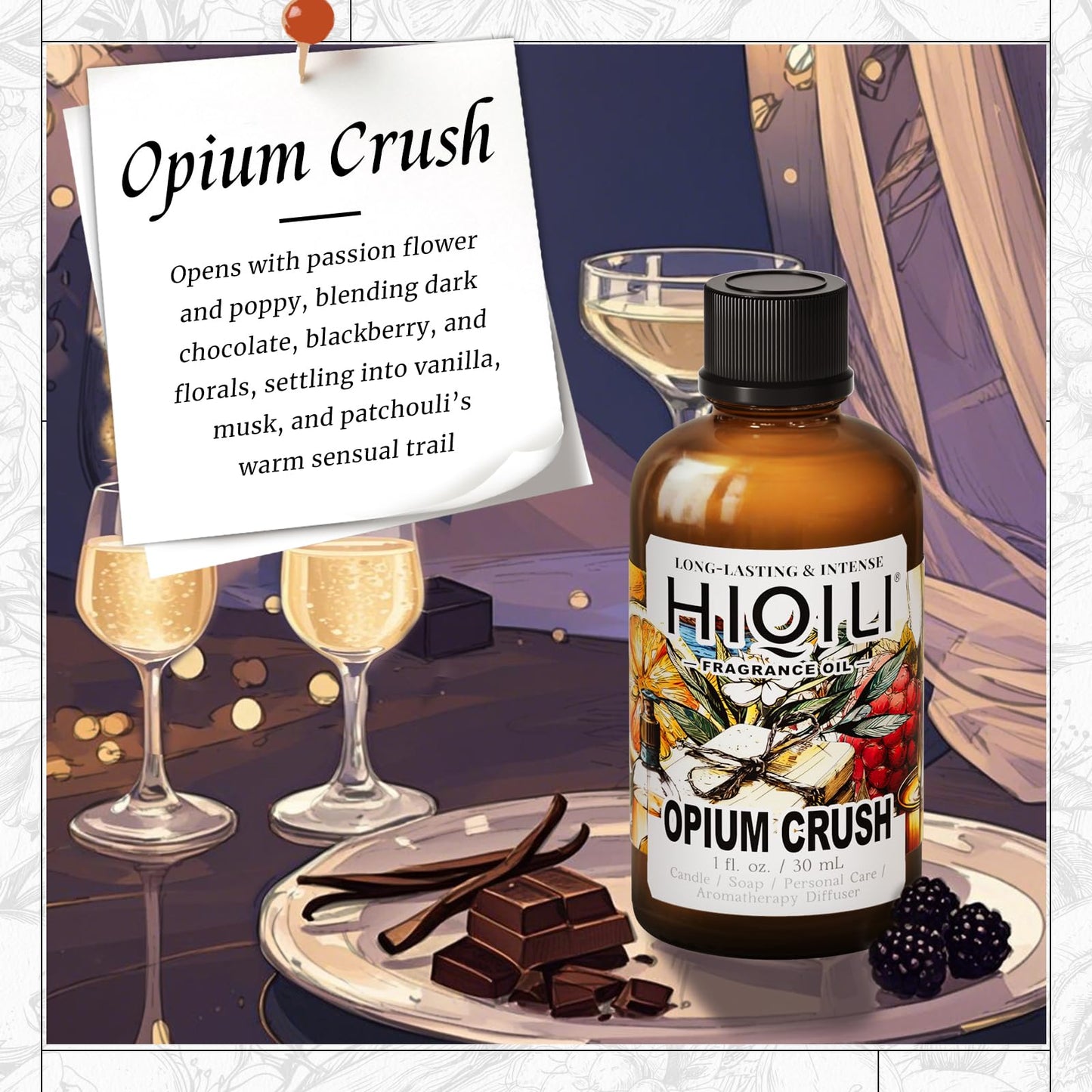 HIQILI Opium Crush Fragrance Oil – Vanilla & Chocolate Scent for Candle, Soap, Diffuser, Hair Care (1 Fl Oz)