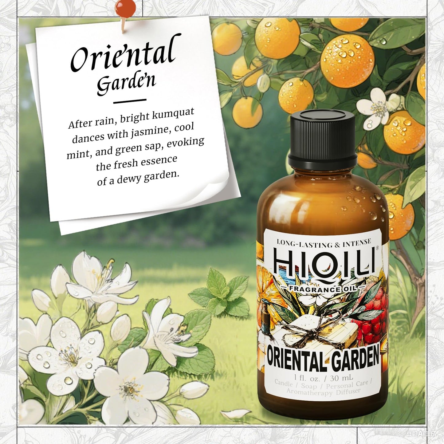 HIQILI Oriental Garden Fragrance Oil for Candle & Soap Making – Inspired by H.er-mes Le-Jrn deMonsr-Li – Luxury Hotel Scents for Diffusers – 1 Fl Oz