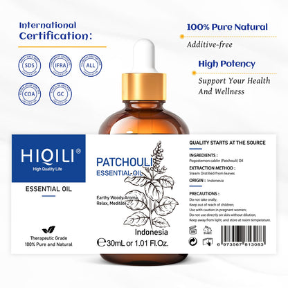 HIQILI Patchouli Essential Oil – Organic, 100% Pure (30ml) for Diffuser & Aromatherapy