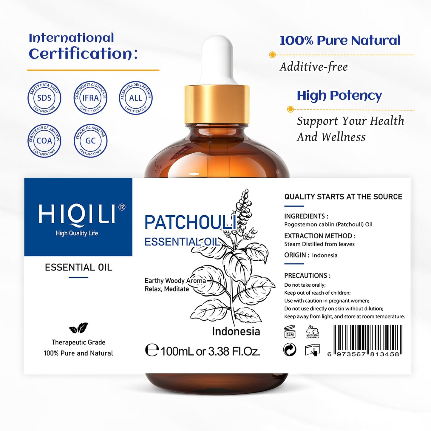 HIQILI Patchouli Essential Oil – 100ml, 100% Pure & Natural for DIY Perfume, Skincare & Diffuser