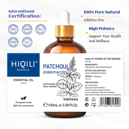 HIQILI Patchouli Essential Oil – 100ml, 100% Pure & Natural for DIY Perfume, Skincare & Diffuser