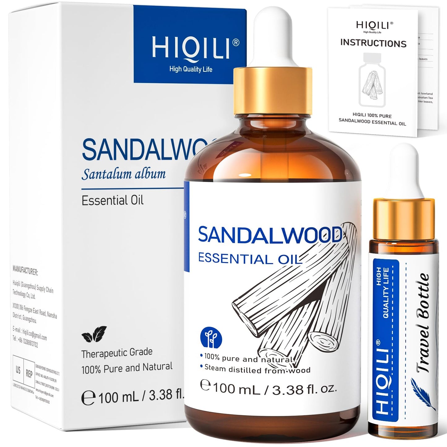 HIQILI Sandalwood Essential Oil – Long-Lasting Scent for Perfume, Diffuser, Soap Making & Candle (3.38 fl oz)