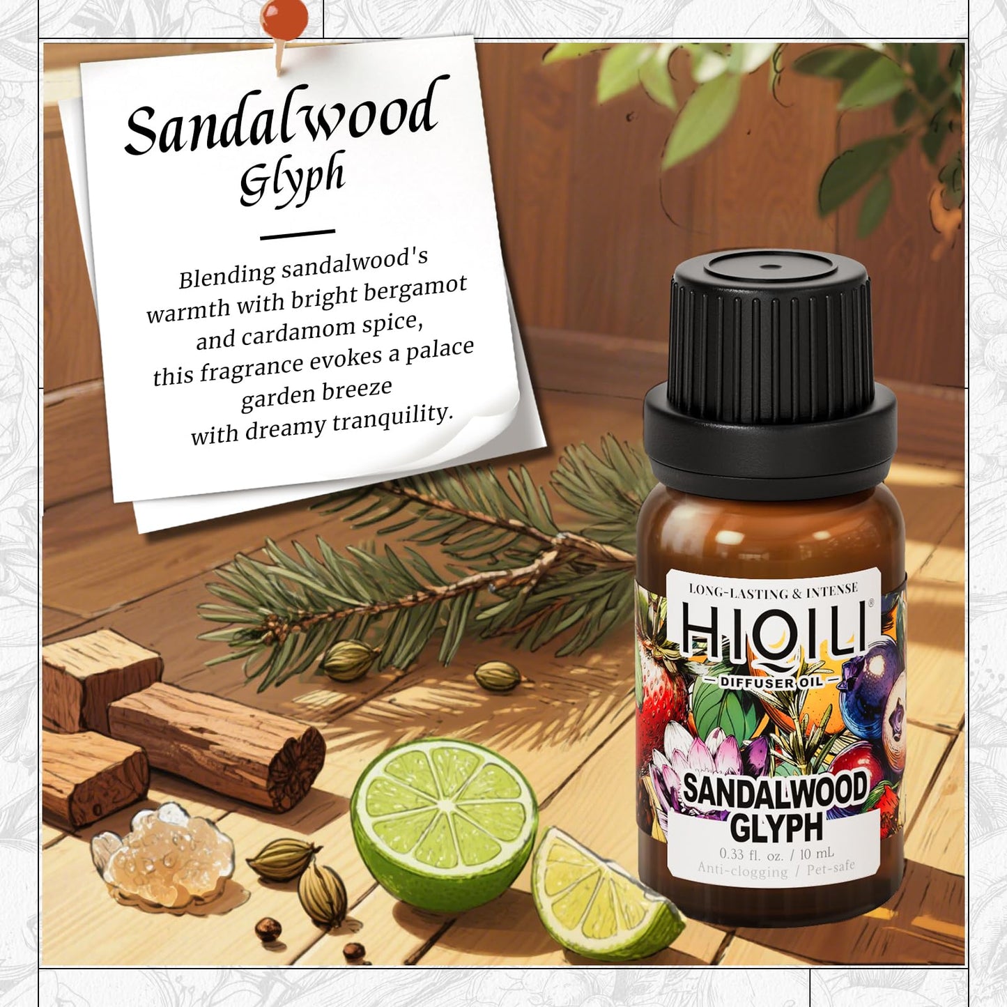 HIQILI Sandalwood Glyph Diffuser Oil – Gio. Santal Inspired, Long-Lasting Fall Scent, 0.34 Fl Oz