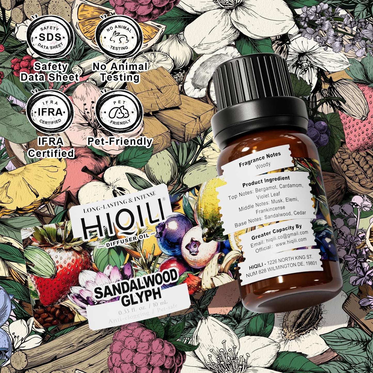 HIQILI Sandalwood Glyph Diffuser Oil – Gio. Santal Inspired, Long-Lasting Fall Scent, 0.34 Fl Oz