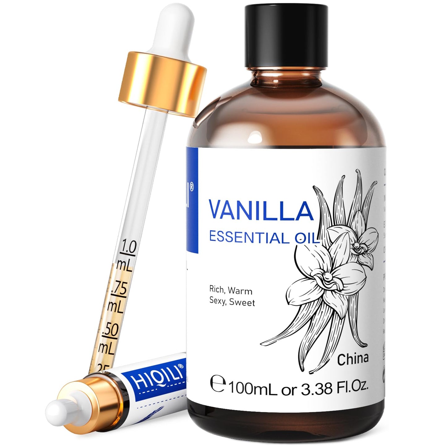 HIQILI Vanilla Essential Oil - 100ml, Undiluted Pure Vanilla Aroma for Diffusers, DIY Cosmetics, Candles & Soaps