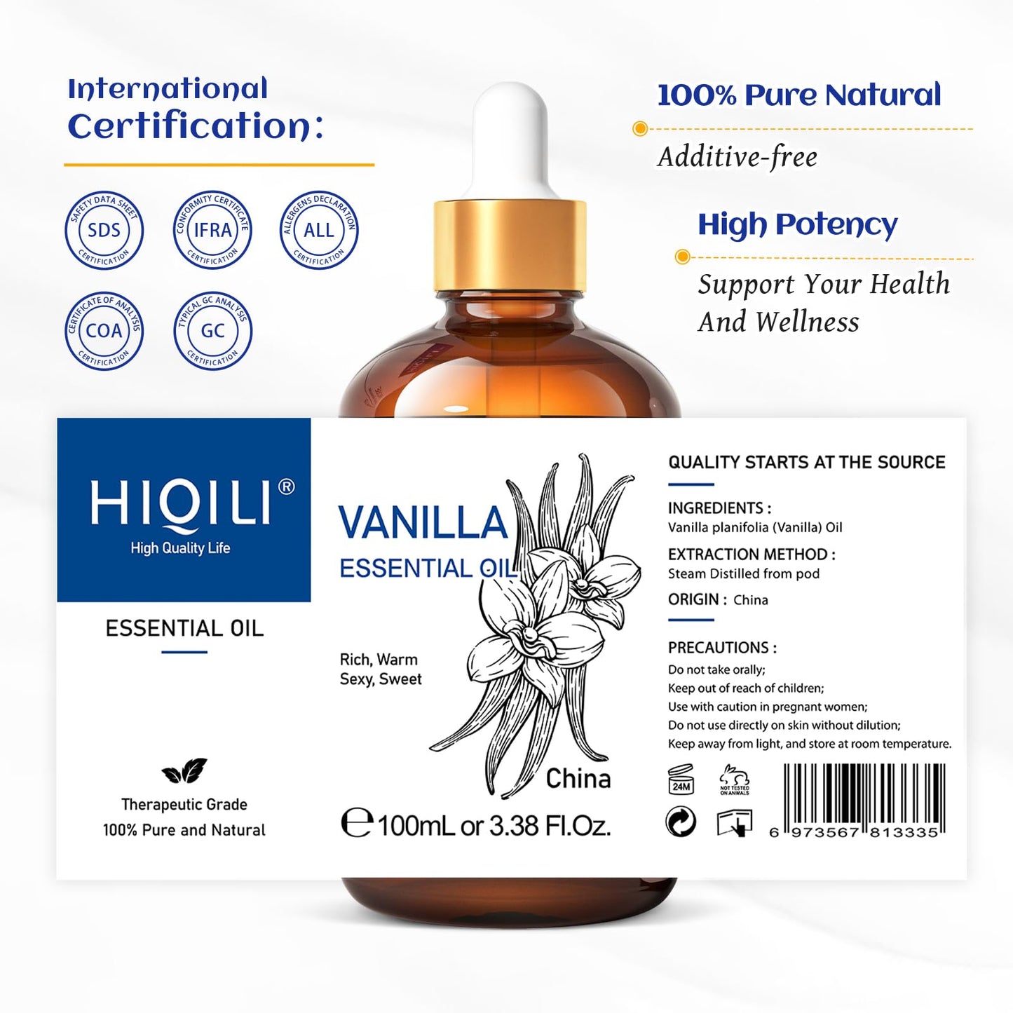 HIQILI Vanilla Essential Oil - 100ml, Undiluted Pure Vanilla Aroma for Diffusers, DIY Cosmetics, Candles & Soaps