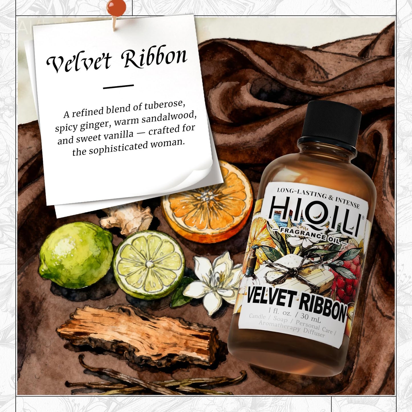 HIQILI Velvet Ribbon Fragrance Oil – Rich Floral Scent with Jasmine, Vanilla & Tuberose for Diffusers & DIY (1 Fl Oz)