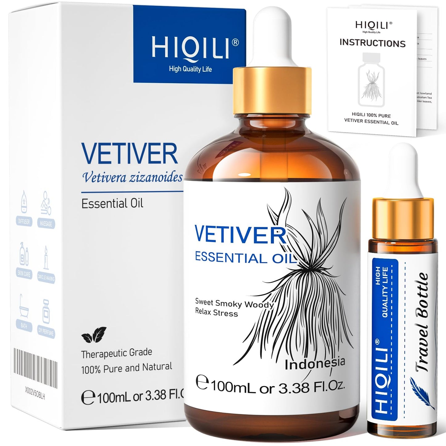 HIQILI Vetiver Essential Oil 100ml – 100% Pure, Natural, Calm & Diffuser (3.38 Fl Oz)