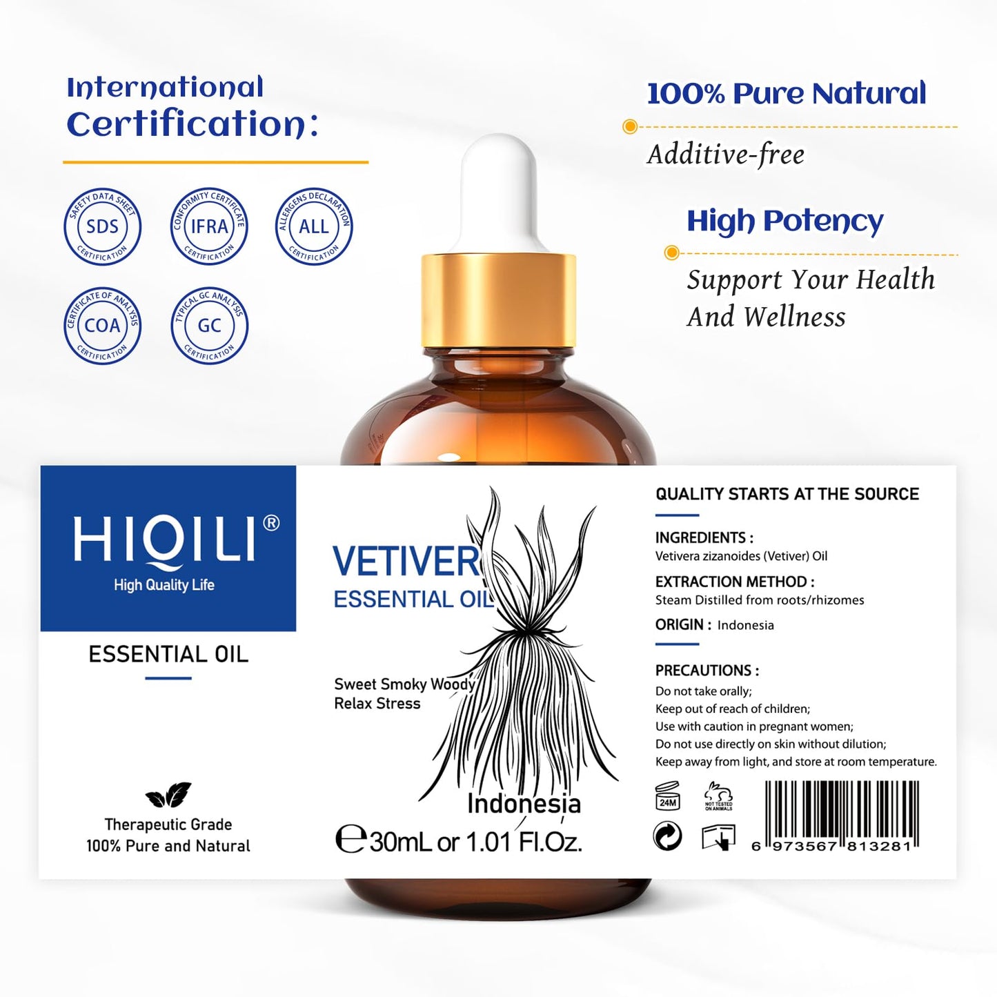 HIQILI 1 Fl Oz Vetiver Essential Oil – 100% Pure & Natural for Skin, Diffuser & Candle Making (30ml)