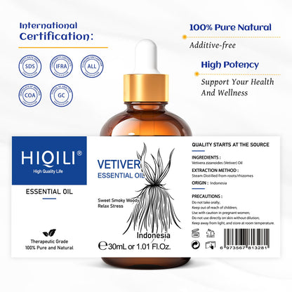 HIQILI 1 Fl Oz Vetiver Essential Oil – 100% Pure & Natural for Skin, Diffuser & Candle Making (30ml)