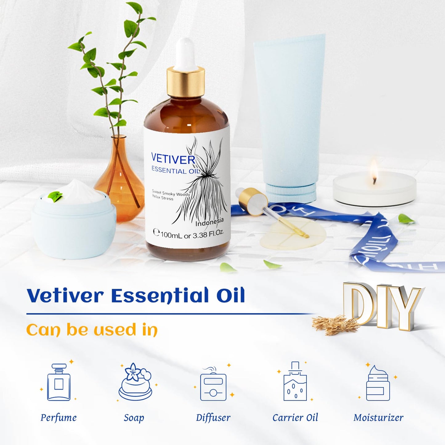 HIQILI Vetiver Essential Oil 100ml – 100% Pure, Natural, Calm & Diffuser (3.38 Fl Oz)
