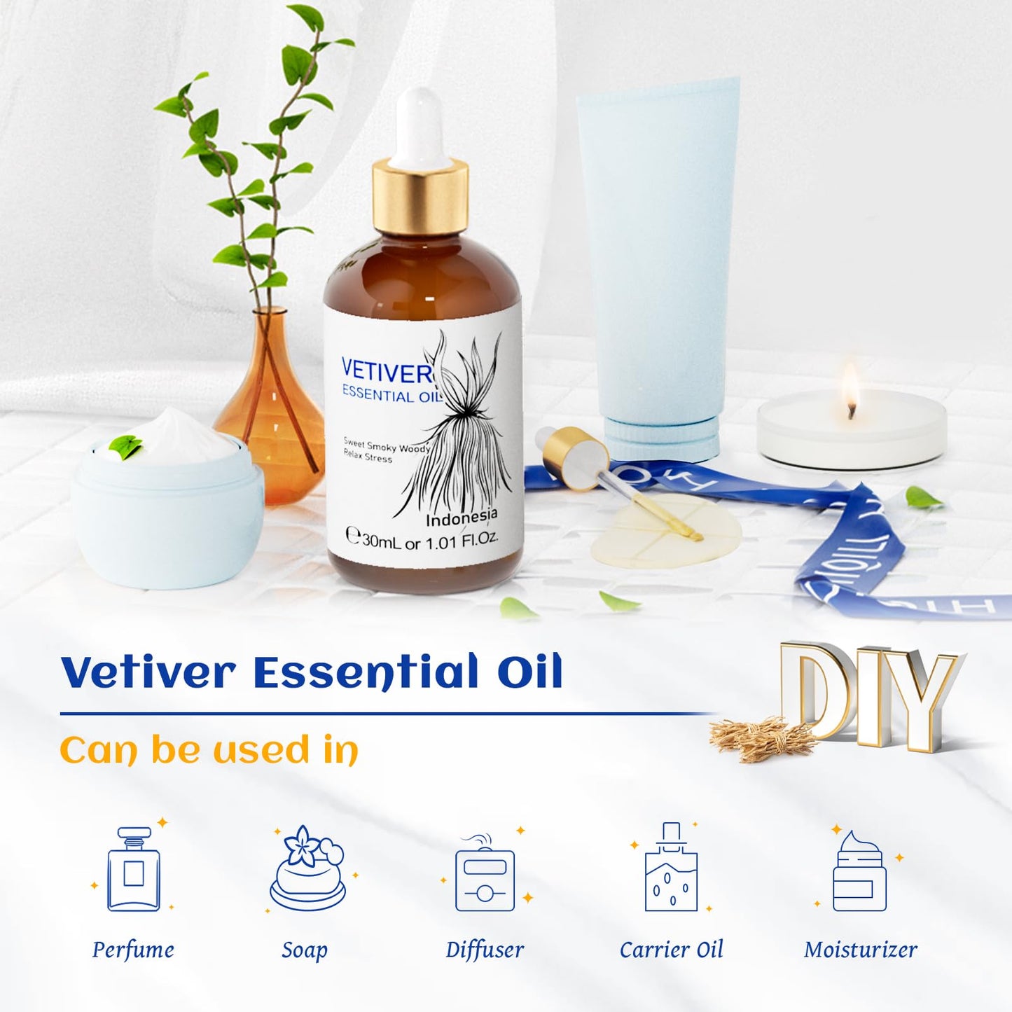 HIQILI 1 Fl Oz Vetiver Essential Oil – 100% Pure & Natural for Skin, Diffuser & Candle Making (30ml)