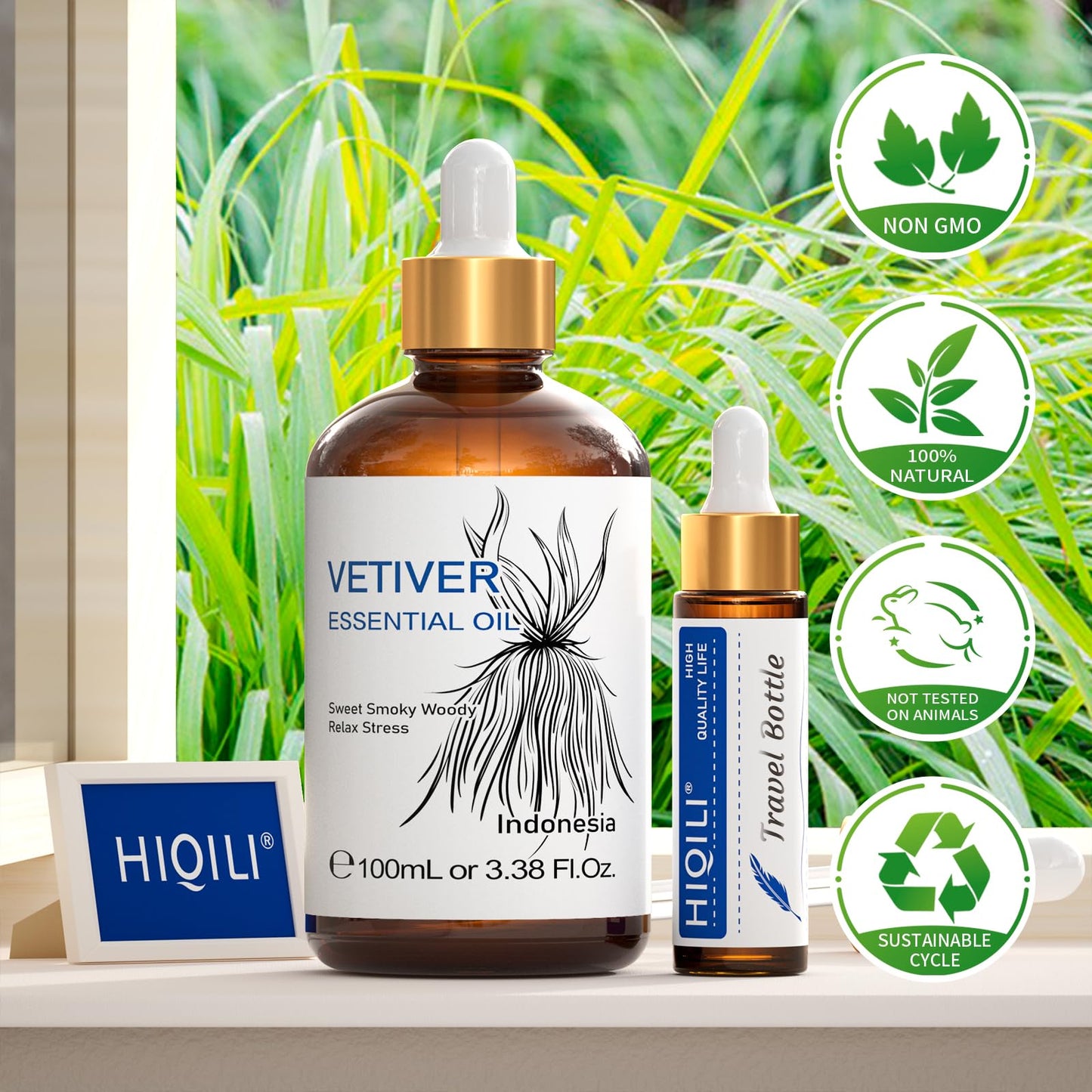 HIQILI Vetiver Essential Oil 100ml – 100% Pure, Natural, Calm & Diffuser (3.38 Fl Oz)
