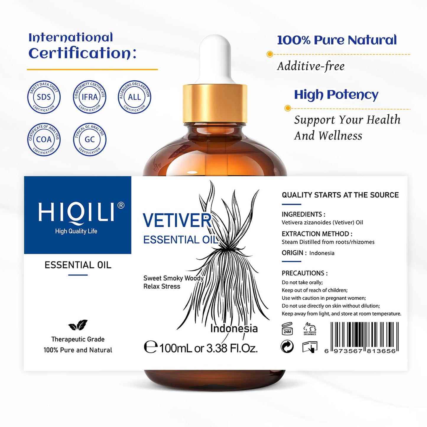 HIQILI Vetiver Essential Oil 100ml – 100% Pure, Natural, Calm & Diffuser (3.38 Fl Oz)
