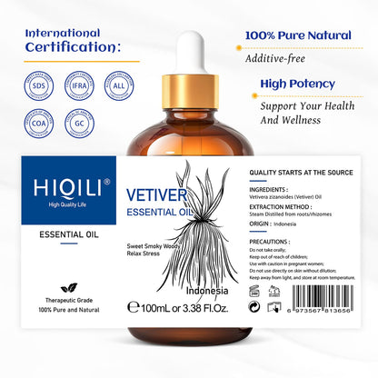 HIQILI Vetiver Essential Oil 100ml – 100% Pure, Natural, Calm & Diffuser (3.38 Fl Oz)