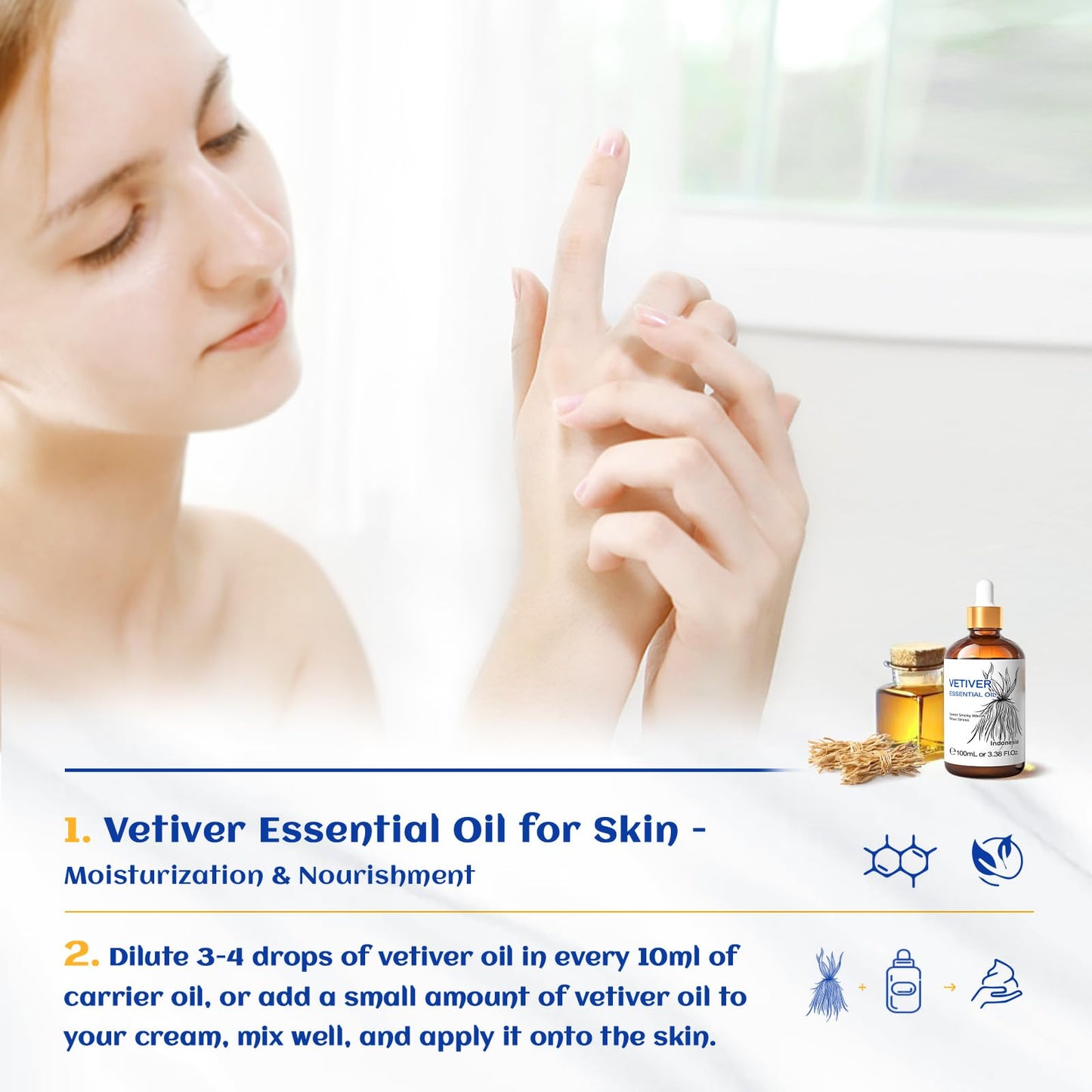 HIQILI Vetiver Essential Oil 100ml – 100% Pure, Natural, Calm & Diffuser (3.38 Fl Oz)